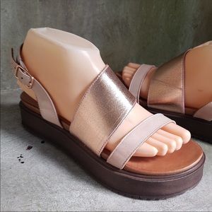 Miz Mooz Metallic Rose Gold and Tan Sandals